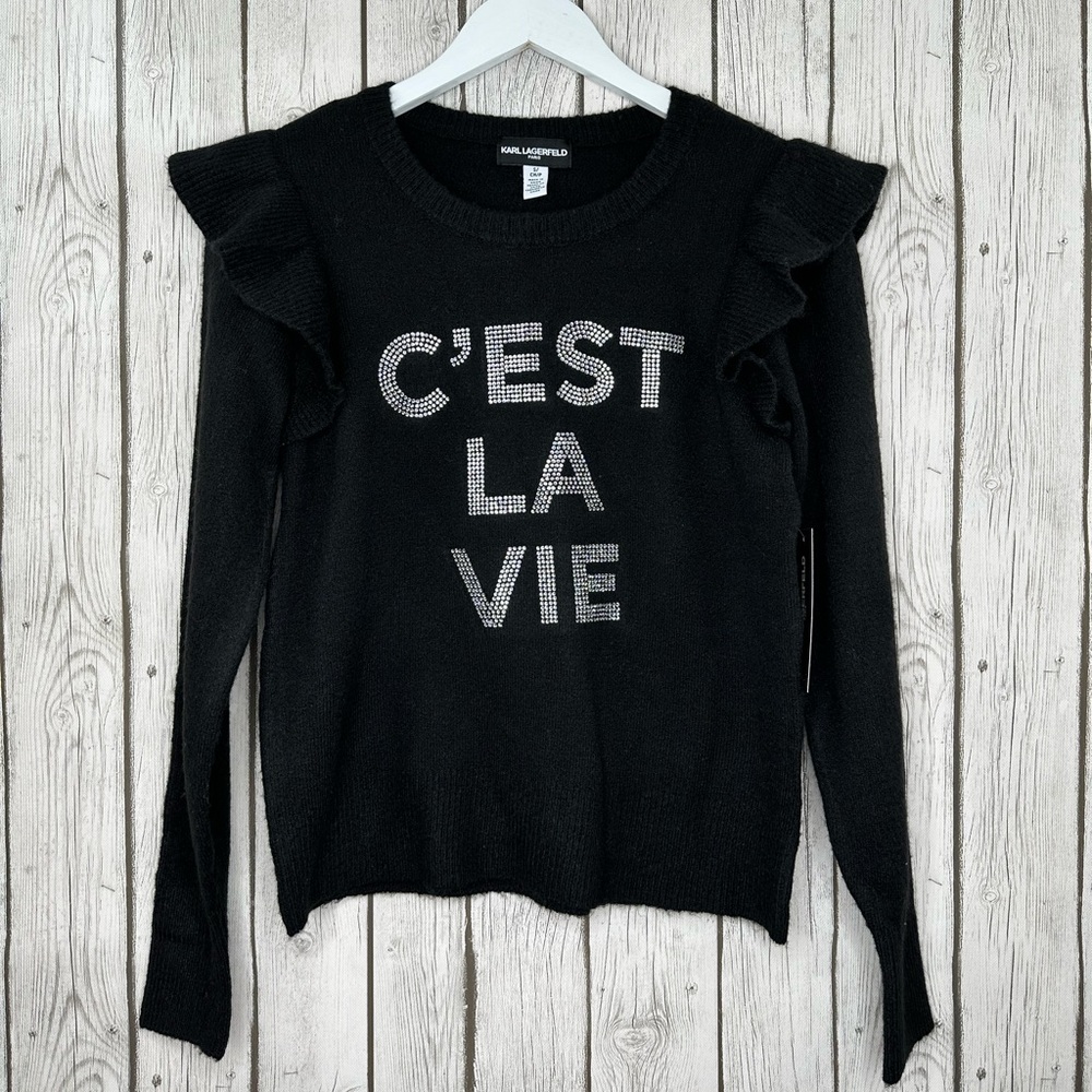 Karl Lagerfeld Sweater Women’s Size Small Black Ruffle “C’est La Vie” NWT